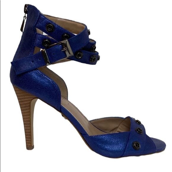 Rachel Roy Size 6 Paz Metallic Blue Leather Strappy Heels Retro Disco Rave - Picture 1 of 11